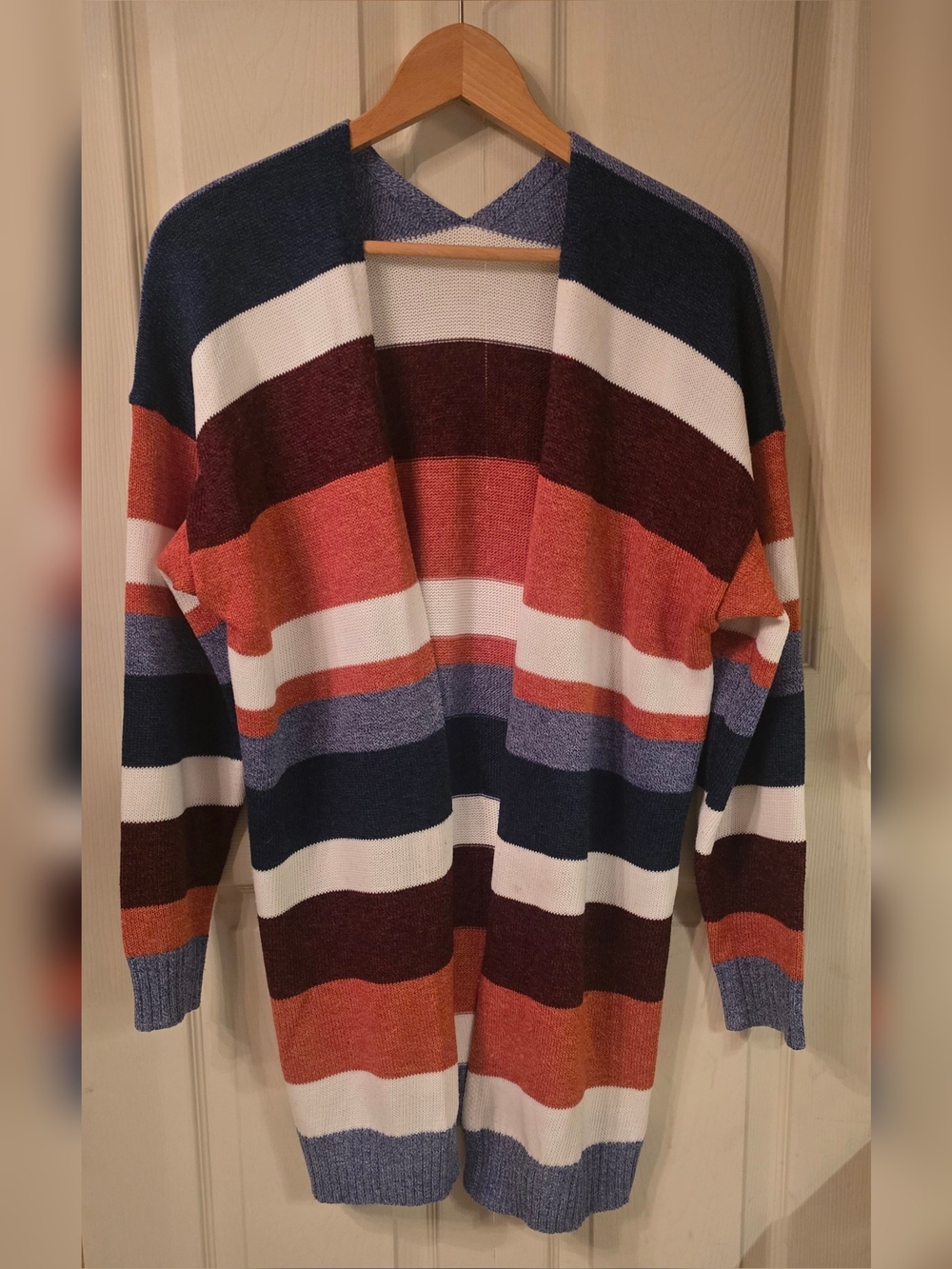 Striped Open-Front Women's Cardigan Sweater in Navy, Rust, White